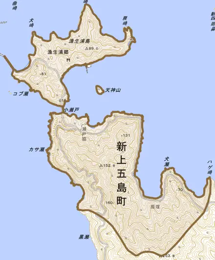 漁生浦郷とその周辺の地図。町の範囲を重ねている