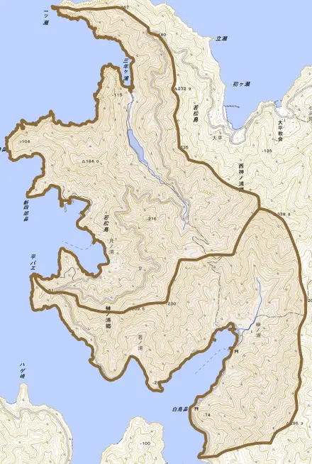 榊ノ浦郷とその周辺の地図。町の範囲を重ねている