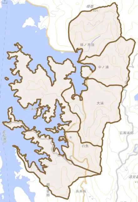 宿ノ浦郷とその周辺の地図。町の範囲を重ねている
