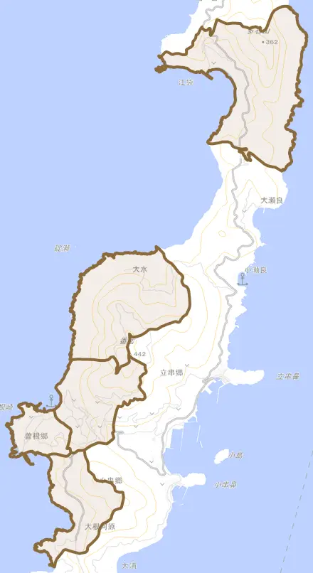 曽根郷とその周辺の地図。町の範囲を重ねている