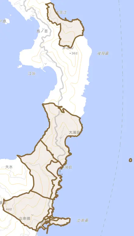 立串郷とその周辺の地図。町の範囲を重ねている