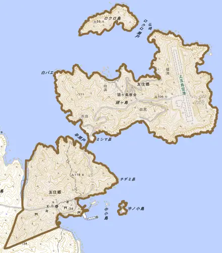 友住郷とその周辺の地図。町の範囲を重ねている