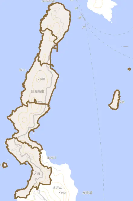 津和崎郷とその周辺の地図。町の範囲を重ねている