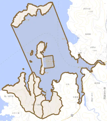 続浜ノ浦郷とその周辺の地図。町の範囲を重ねている