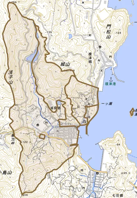 浦桑郷とその周辺の地図。町の範囲を重ねている