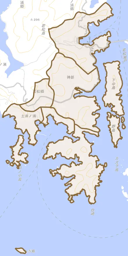 若松郷とその周辺の地図。町の範囲を重ねている