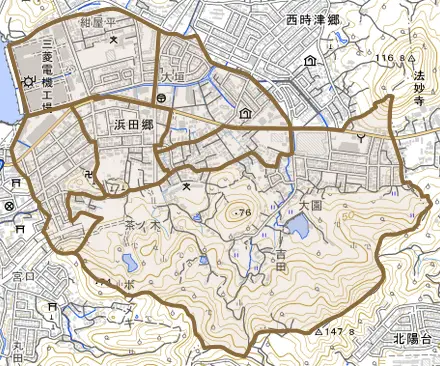 浜田郷とその周辺の地図。町の範囲を重ねている