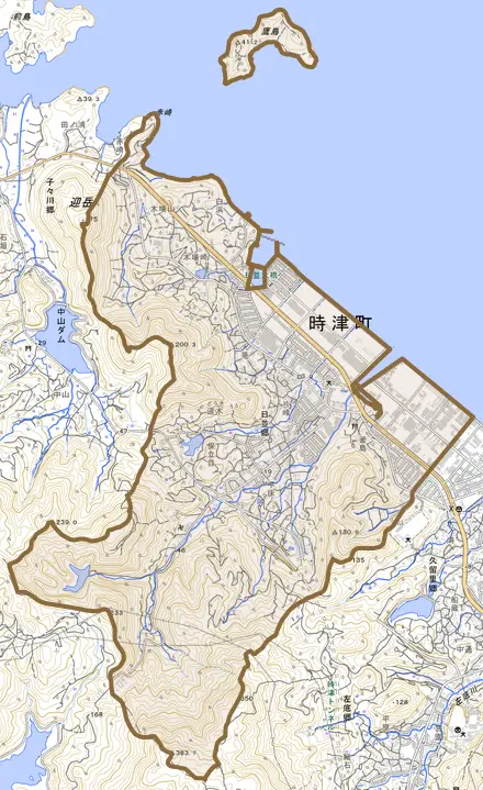 日並郷とその周辺の地図。町の範囲を重ねている