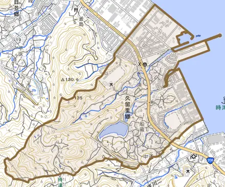 久留里郷とその周辺の地図。町の範囲を重ねている