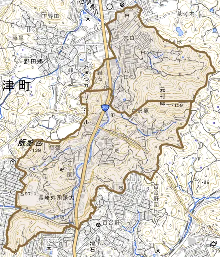 元村郷とその周辺の地図。町の範囲を重ねている