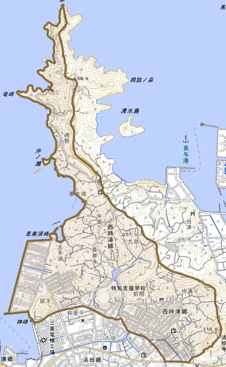 西時津郷とその周辺の地図。町の範囲を重ねている