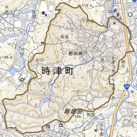 野田郷とその周辺の地図。町の範囲を重ねている