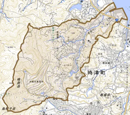 左底郷とその周辺の地図。町の範囲を重ねている