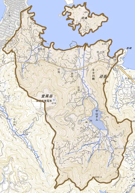 子々川郷とその周辺の地図。町の範囲を重ねている