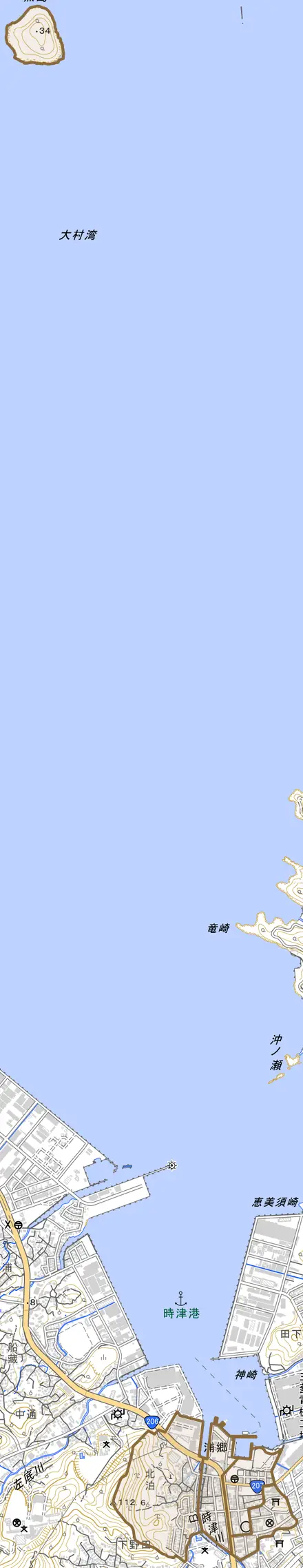 浦郷とその周辺の地図。町の範囲を重ねている