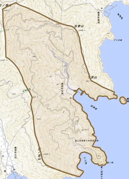 厳原町安神とその周辺の地図。町の範囲を重ねている