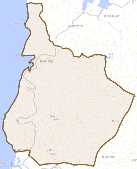 厳原町阿連とその周辺の地図。町の範囲を重ねている