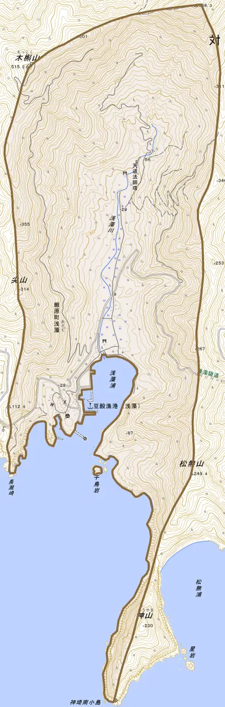 厳原町浅藻とその周辺の地図。町の範囲を重ねている