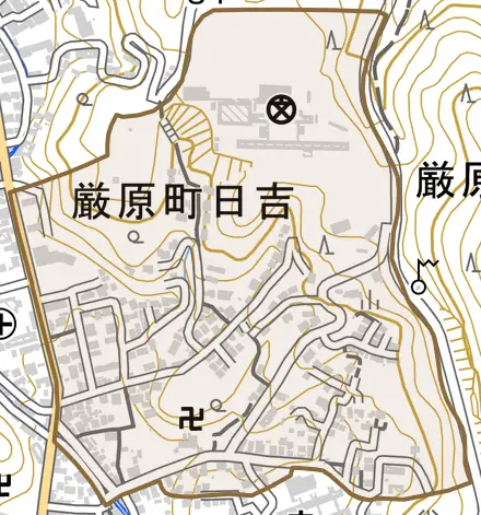 厳原町日吉とその周辺の地図。町の範囲を重ねている