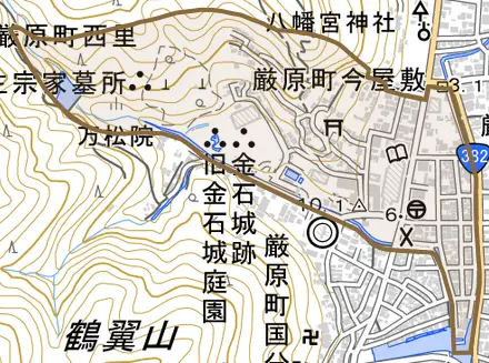 厳原町今屋敷とその周辺の地図。町の範囲を重ねている
