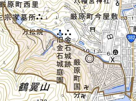 厳原町国分とその周辺の地図。町の範囲を重ねている