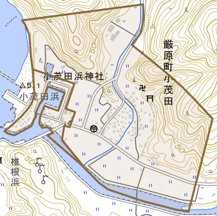 厳原町小茂田とその周辺の地図。町の範囲を重ねている