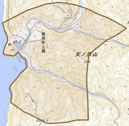 厳原町上槻とその周辺の地図。町の範囲を重ねている