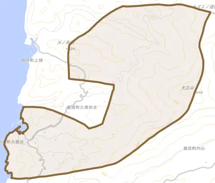 厳原町久根浜とその周辺の地図。町の範囲を重ねている