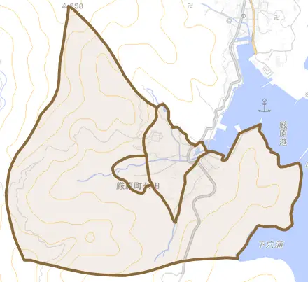 厳原町久田とその周辺の地図。町の範囲を重ねている