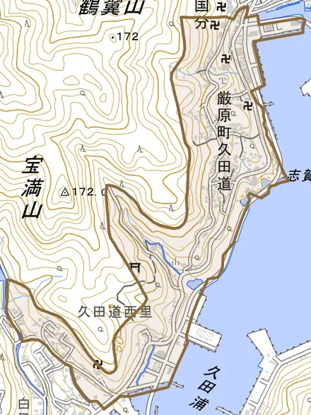 厳原町久田道とその周辺の地図。町の範囲を重ねている