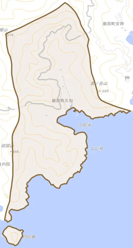 厳原町久和とその周辺の地図。町の範囲を重ねている