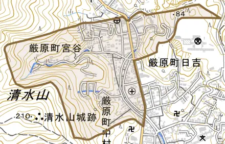 厳原町宮谷とその周辺の地図。町の範囲を重ねている
