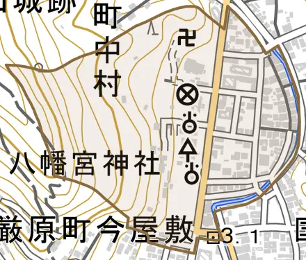 厳原町中村とその周辺の地図。町の範囲を重ねている