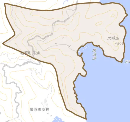 厳原町尾浦とその周辺の地図。町の範囲を重ねている