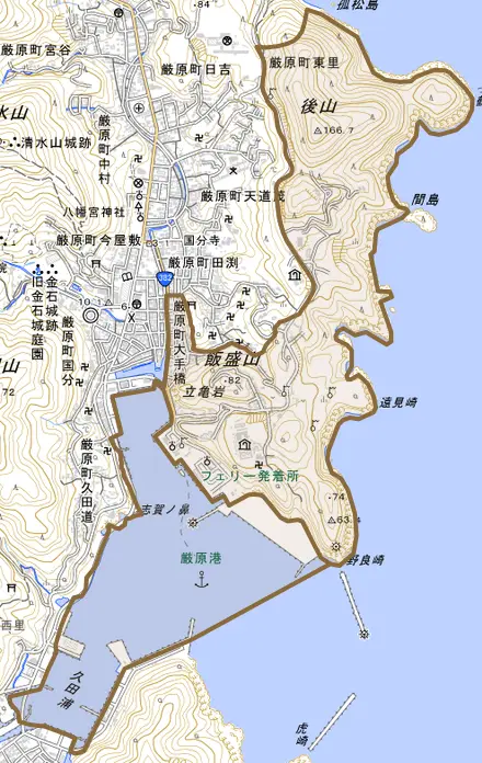 厳原町大手橋とその周辺の地図。町の範囲を重ねている
