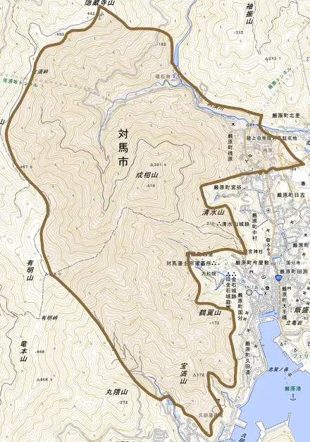 厳原町桟原とその周辺の地図。町の範囲を重ねている