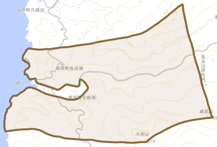 厳原町佐須瀬とその周辺の地図。町の範囲を重ねている