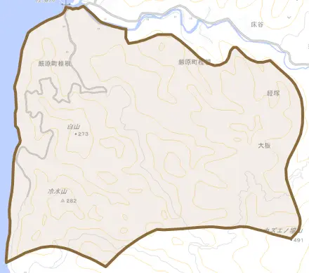厳原町椎根とその周辺の地図。町の範囲を重ねている