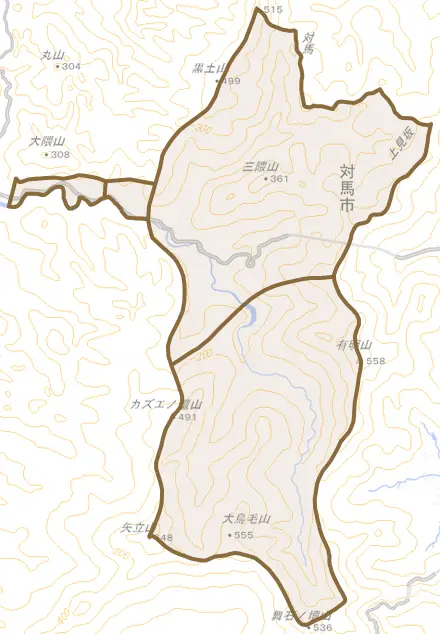 厳原町下原とその周辺の地図。町の範囲を重ねている