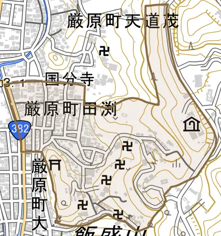 厳原町田渕とその周辺の地図。町の範囲を重ねている
