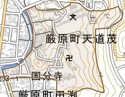 厳原町天道茂とその周辺の地図。町の範囲を重ねている