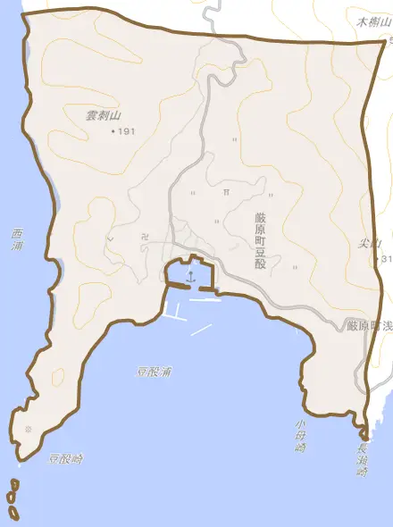 厳原町豆酘とその周辺の地図。町の範囲を重ねている