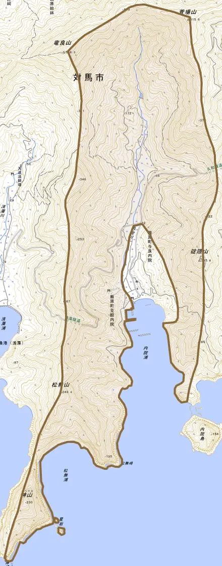 厳原町豆酘内院とその周辺の地図。町の範囲を重ねている