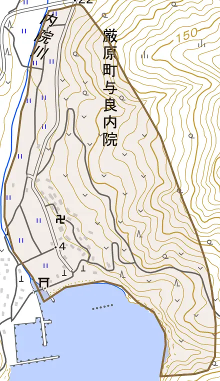 厳原町与良内院とその周辺の地図。町の範囲を重ねている