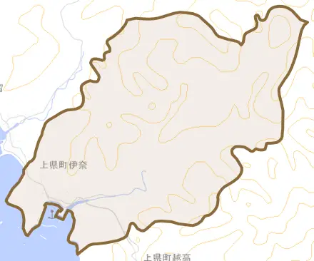 上県町伊奈とその周辺の地図。町の範囲を重ねている