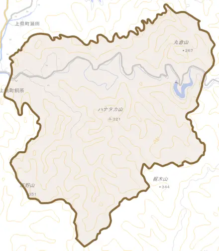 上県町飼所とその周辺の地図。町の範囲を重ねている