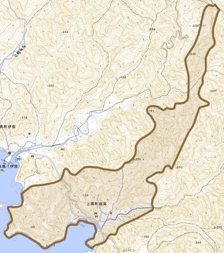 上県町越高とその周辺の地図。町の範囲を重ねている