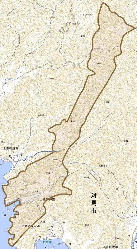上県町御園とその周辺の地図。町の範囲を重ねている
