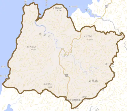 上県町佐護とその周辺の地図。町の範囲を重ねている