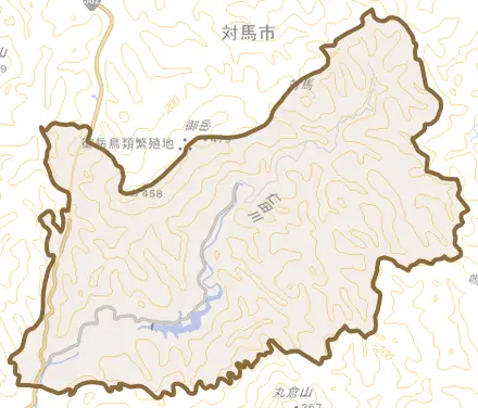 上県町瀬田とその周辺の地図。町の範囲を重ねている